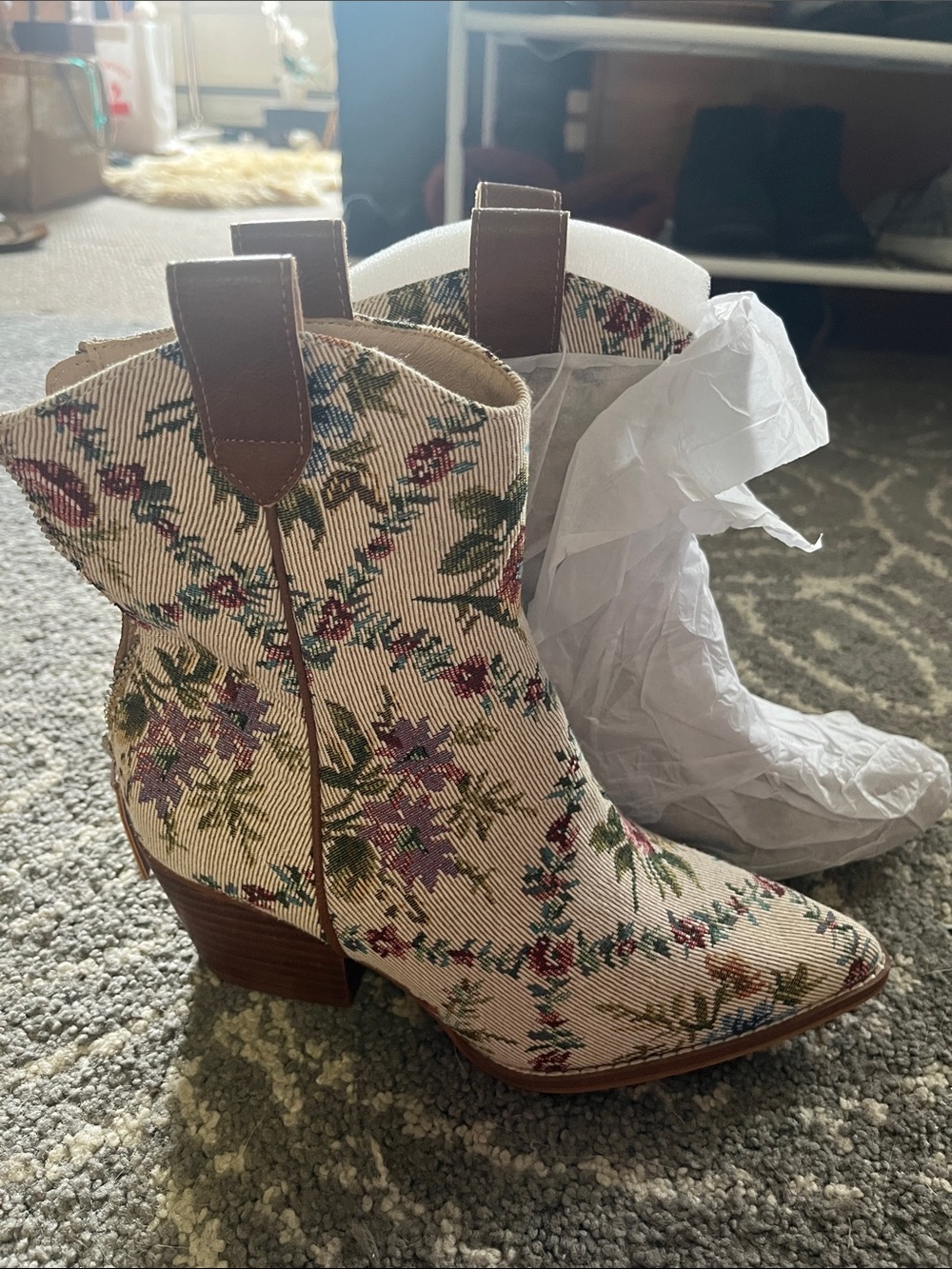 Altar'd State Beige Floral Embroidered Ankle Boots